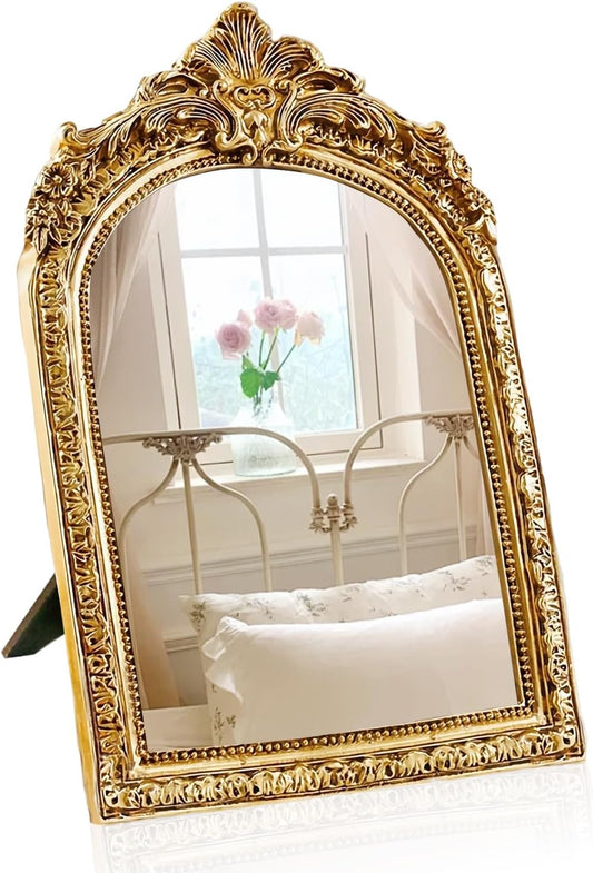 Vintage Makeup Desk Mirror - 7" Gold Antique Mirror for Tabletop Resin Frame Decorative Wall Art for Living Room,